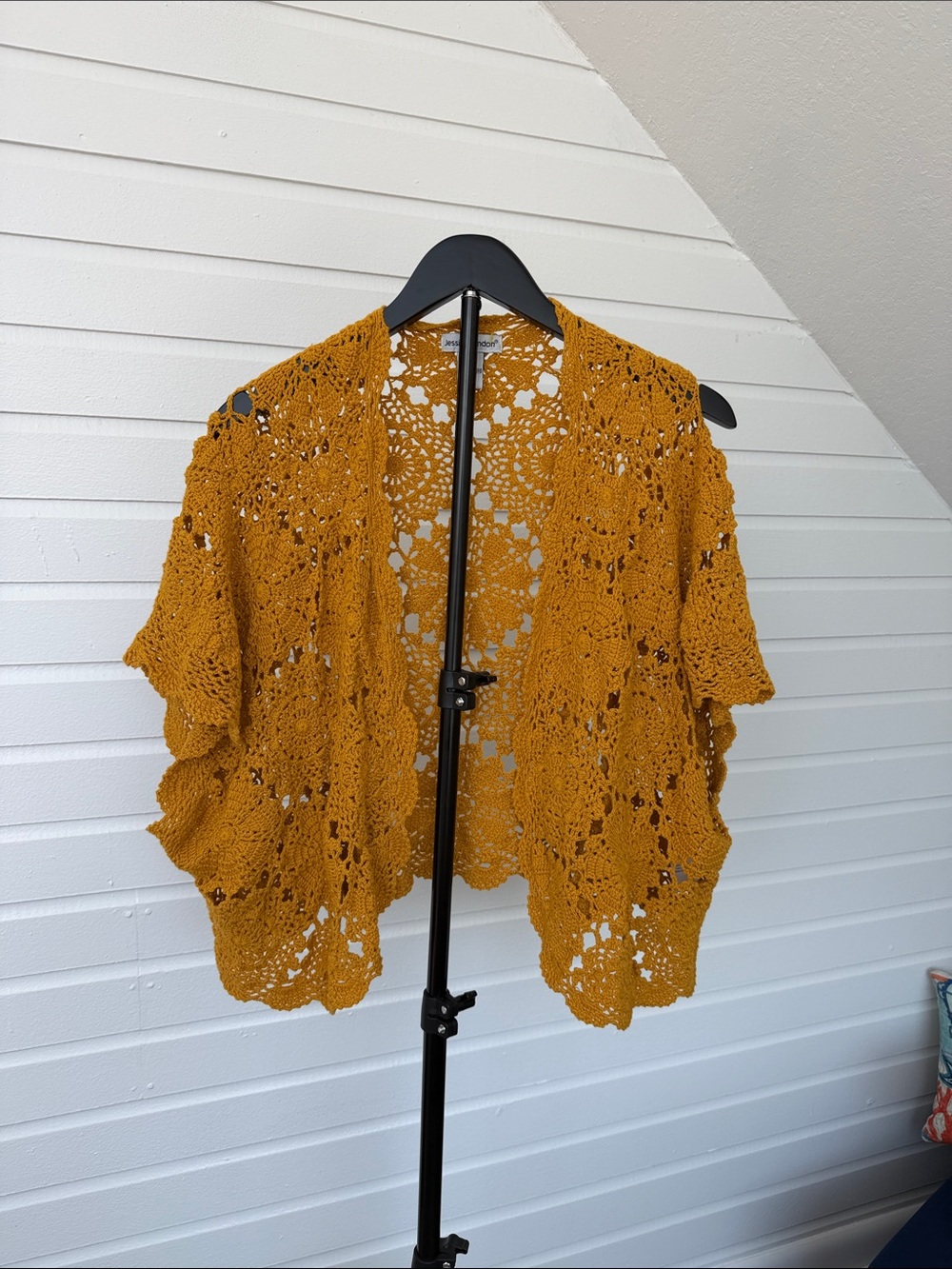 Jessica London Mustard Crochet Openwork Shawl